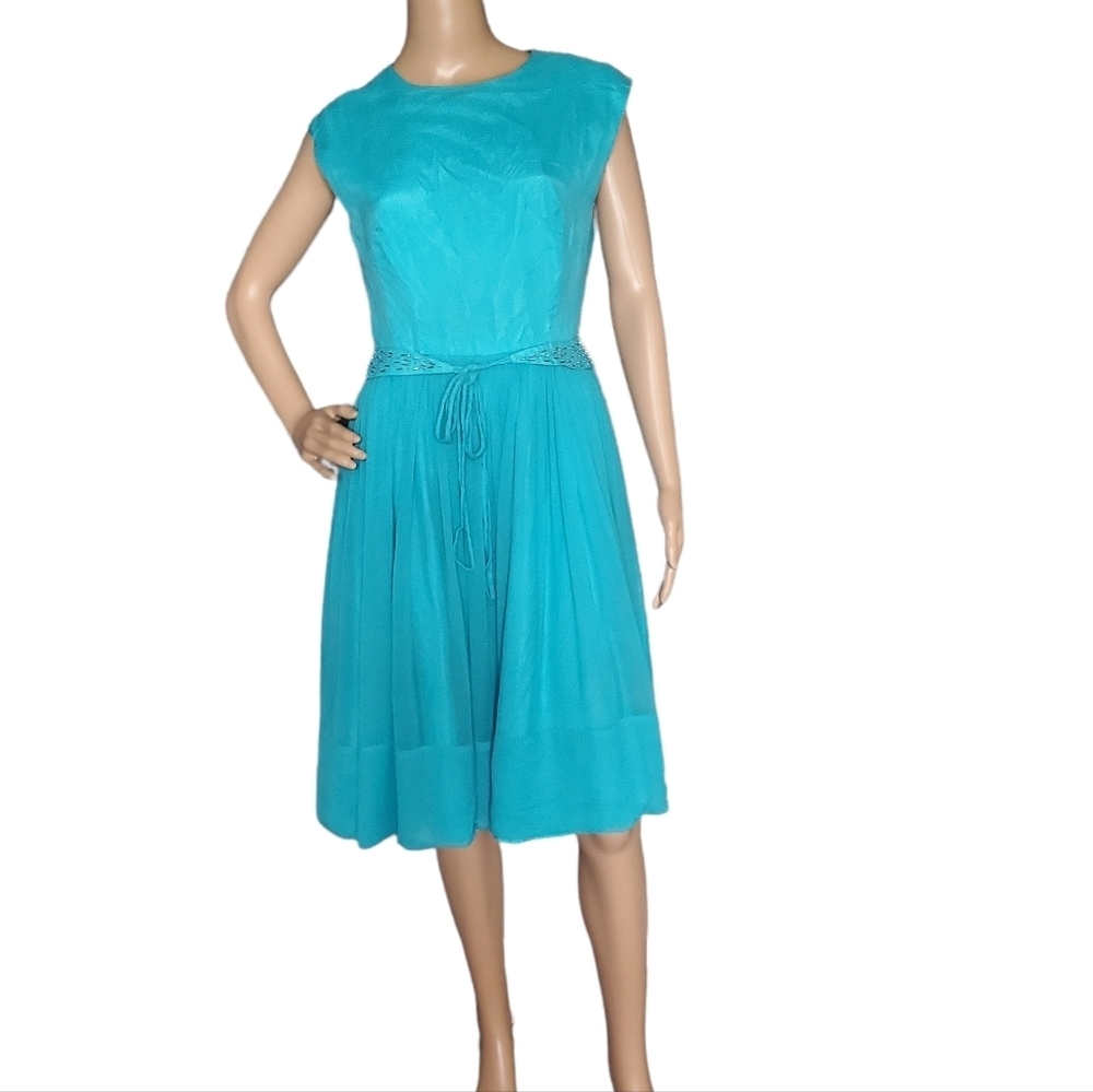 Vintage 50s RK Originals Turquoise Chiffon Party Dress Sequin Beaded Belt